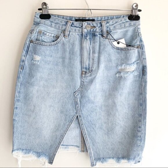 Free people Neon Blonde Strutt Denim Mini Skirt Distressed High Waist Light wash - Picture 5 of 16